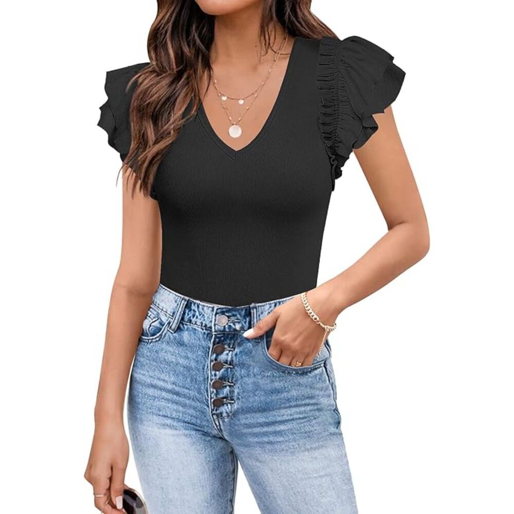 V Neck Ruffle Short Sleeve Ribbed Bodysuit Top, XL, 22L-197T001